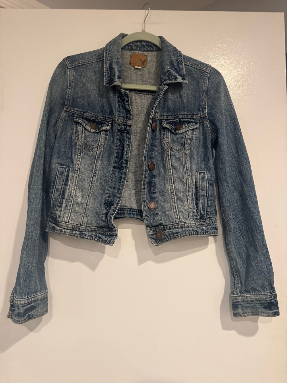 American Eagle Cropped Denim Jacket Faded Blue Jean Jacket Y2K Size Small